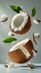 Sliced ​​Coconut Floating with Water Drops, White Background, Abstract Image, Texture, Pattern Background, Wallpaper, Cover and Screen of Smartphone, PC, Laptop, 9:16 and 16:9 Format