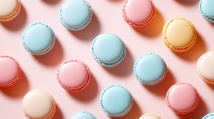 Colorful assortment of macarons arranged on a pastel background in a delightful display for dessert lovers