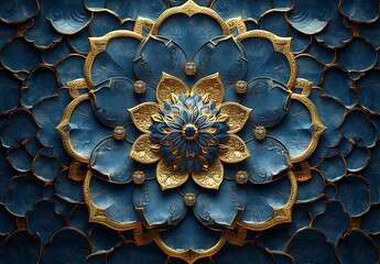 Detailed Floral Design with Blue and Gold Motif, Featuring Intricate Petals and a Central Flower

