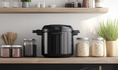 Black pressure cooker with rice and beans on the shelf, perfect for preparing hearty and nutritious dishes