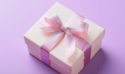 Obraz premium Pink ribbon adorning a square gift box on a lavender surface, offering a stylish and delicate gift wrap design