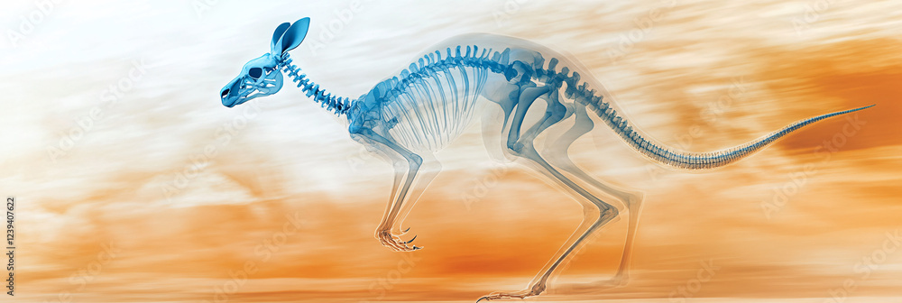 Poster a stylized x-ray of a kangaroo, showcasing its unique skeletal structure while bounding through an a