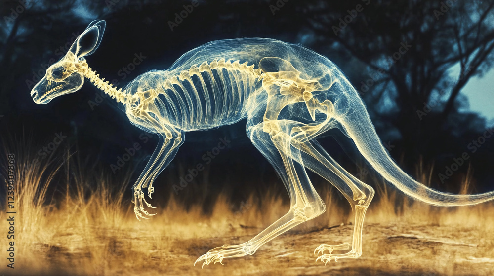 Poster a stylized x-ray of a kangaroo, showcasing its unique skeletal structure while bounding through an a