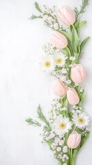 Obraz premium Elegant vertical arrangement of pink tulips and white daisies on a light background