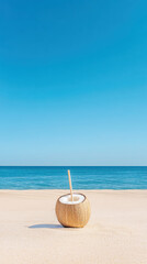 Refreshing coconut drink on tropical beach under clear blue sky