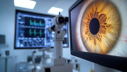 Medical device with eye image on screen, representing eye tracking technology.