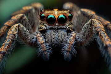 Close-up view of a vibrant jumping spider showcasing intricate details in a lush garden during midday light