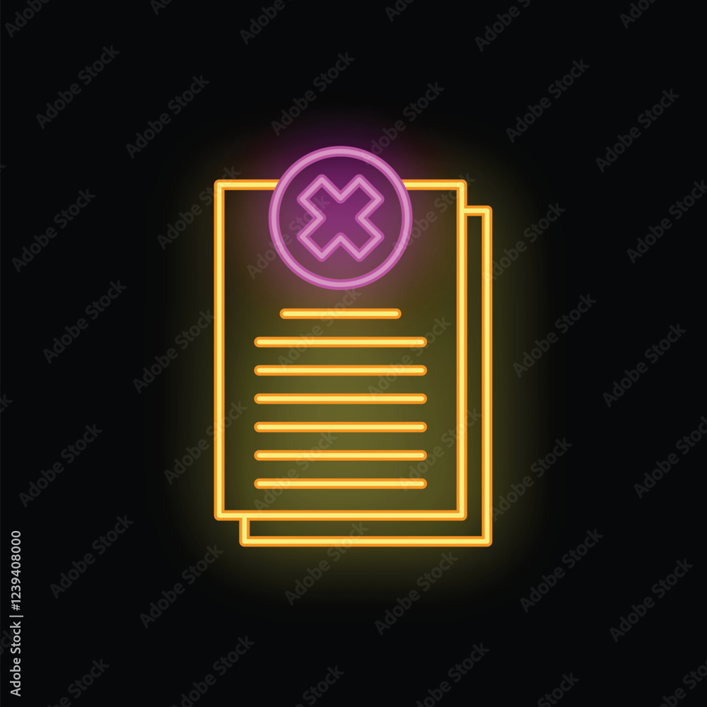 Poster neon document icon glowing with a cross mark in a circle on a black background