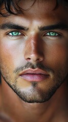 Obraz premium Young man with striking green eyes and masculine features standing against a neutral background during a close-up portrait session in bright lighting