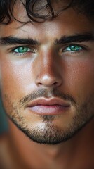 Fototapeta premium Striking close-up of a young man with captivating green eyes and rugged features captured during natural light photography