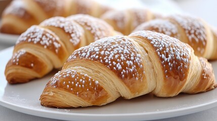 Freshly baked croissants topped with powdered sugar on a white plate, perfect for breakfast or a cozy brunch gathering in a sunny cafe setting