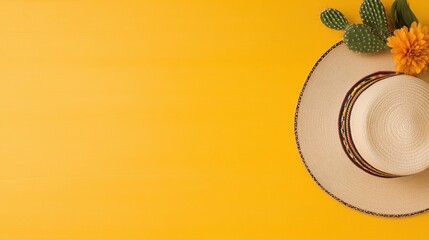 Colorful sombrero with flowers and cacti against a bright yellow background showcasing vibrant decor for a festive celebration