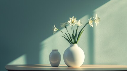 Simple white vases with flowers in soft sunlight