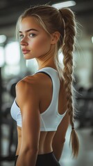 Fototapeta premium Young woman with a braided ponytail exercising in a gym during the morning hours focusing on fitness and health