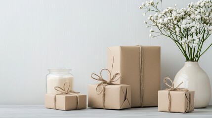 Wrapped gift boxes with candles on a minimalist shelf
