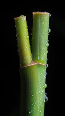 Dew-covered bamboo stalks glisten in soft light, showcasing nature's beauty in close-up detail