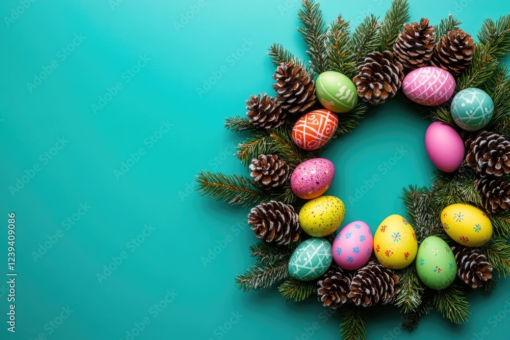Poster a wreath of eggs with a pine cone in the center. the eggs are painted in different colors and some h