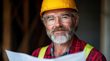 Close up portrait of a mature man with a beard, wearing a yellow hard hat and safety glasses, holding blueprints. He has a pleasant expression. The background is blurred, showing a construction site.