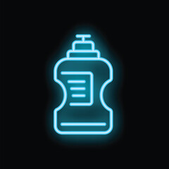 Bright neon blue icon of a bottle with a dispenser glowing on a black background