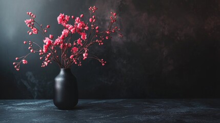 Dark floral composition with red flowers in vase