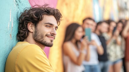 Fototapeta premium Young man appreciating the moment while friends engage with smartphones in a colorful urban setting