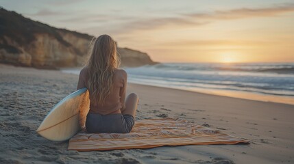 Fototapeta premium Surfer relaxing on a beach at sunset, enjoying the serene view of the ocean waves and golden sky
