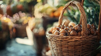Basket of fresh walnuts in a rustic outdoor setting