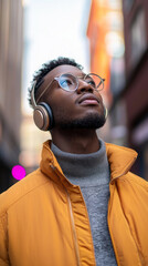 Fototapeta premium Walking through busy city streets, a multiethnic man with stylish glasses and headphones gazes upwards. He sports a trendy high-end jacket, exhibiting confidence and urban flair
