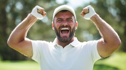 Golfer celebrates after a successful shot during a sunny day on the course