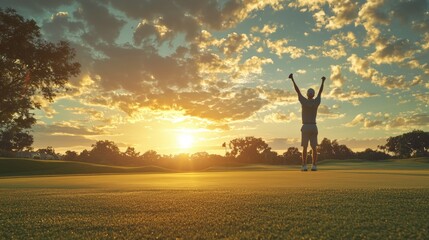 Sunset celebration on a golf course with a golfer raising arms in victory after a successful shot