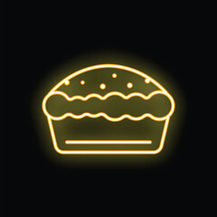 Simple yellow neon sign of a pie with filling and a crumb topping is glowing on a black background