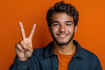Young man smiling and posing with a peace sign against an orange background in a casual outfit during daytime