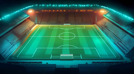 Obraz premium Illuminated soccer stadium at night, vibrant green grass, exciting atmosphere, professional sports field. Light Source. Illustration