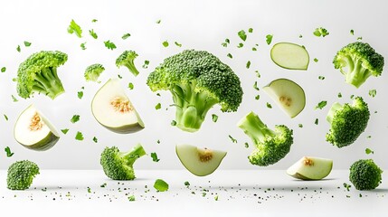 Sliced ​​Broccoli Floating with Water Drops, White Background, Abstract Image, Texture, Pattern Background, Wallpaper, Cover and Screen of Smartphone, PC, Laptop, 9:16 and 16:9 Format