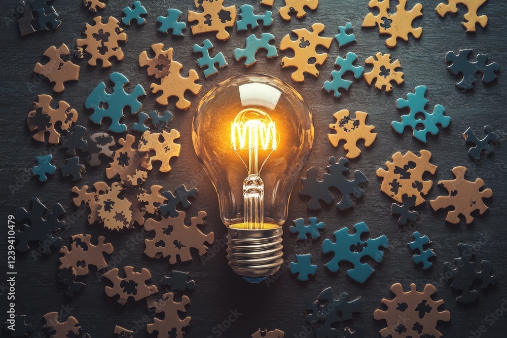 Poster glowing light bulb stands central amidst an array of gears and mixed puzzle pieces, representing the
