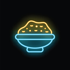 Neon icon of a bowl overflowing with rice glowing on a black background