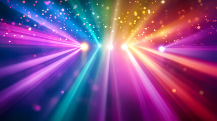 Obraz premium Rainbow light and stage, dazzling light rays fanning out from a central source, rainbow colors, dramatic concert setting, vibrant and energetic. Light Source. Illustration