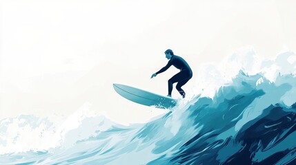 Surfer Riding Ocean Wave in Minimalist Illustration Style
