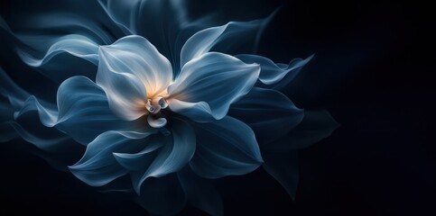  Magic dark background with beautiful flower indigo dahlia, macro photography. Free copy space.