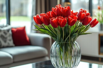 Vibrant red tulips in a transparent vase on a coffee table in a cozy living room with soft seating and natural light streaming through large windows