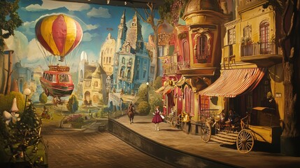 Obraz premium Whimsical fairytale village with hot air balloon