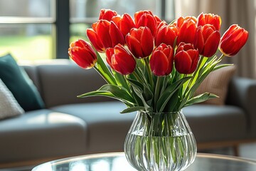 Bright red tulips in a clear vase on a table with a cozy living room background featuring a sofa and bright sunlight