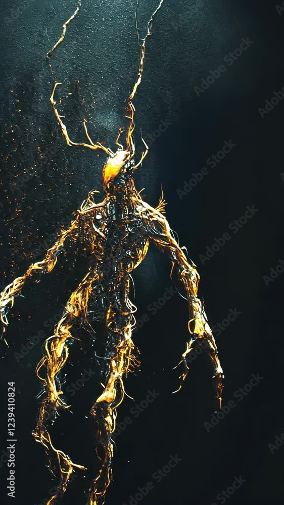 Poster unique golden humanoid figure emerges from dark background creating an ethereal visual experience
