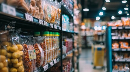 Naklejka premium Grocery store aisle with packaged products and warm lighting