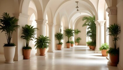 Obraz premium Un largo pasillo arqueado con paredes y columnas de piedra blanca, bordeado de plantas en macetas y vegetación a ambos lados, creando una atmósfera exuberante y natural