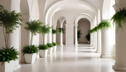 Fototapeta premium Un largo pasillo arqueado con paredes y columnas de piedra blanca, bordeado de plantas en macetas y vegetación a ambos lados, creando una atmósfera exuberante y natural