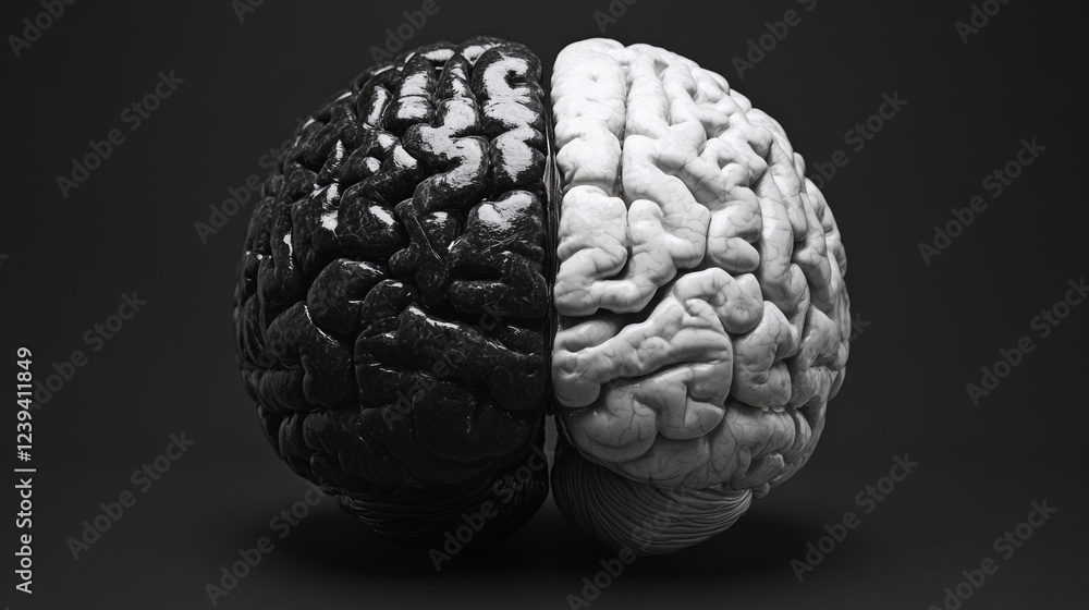 Poster two halves of a brain representing different mental states or cognitive functions.