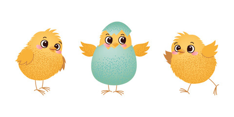 Three baby chicks, one hatching from an Easter egg. Cute cartoon illustration. Easter celebration and spring holiday design for greeting card, invitation, banner, poster.