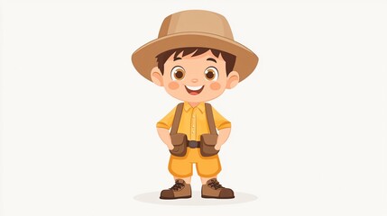 Obraz premium White Flat Vector Illustration of a Boy in a Safari Costume with a Backpack and Hat