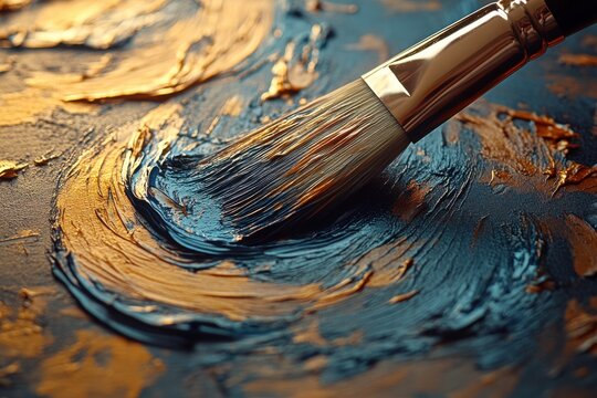 Swirling textures of blue and gold paint on canvas captured during an afternoon art class at a local studio